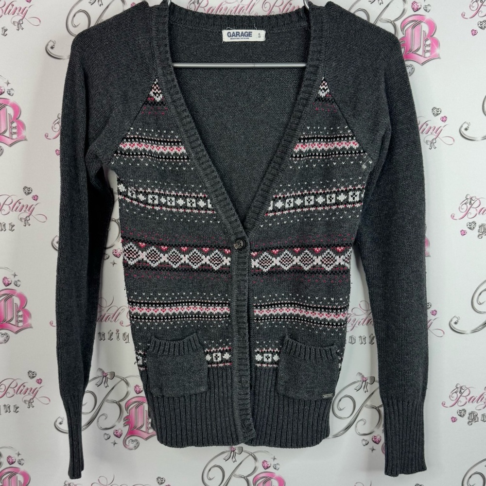 Garage cardigan button up knit hearts argyle Dark Gray Patterned Cardigan